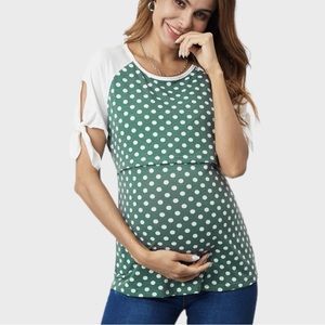 Maternity Nursing Green White  Polka Dot Slit Sleeve Size Large